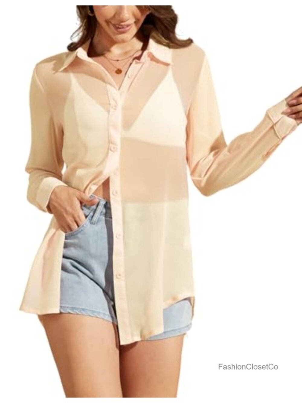 Sheer Button Up Blouse Long Sleeve Mesh Shirt